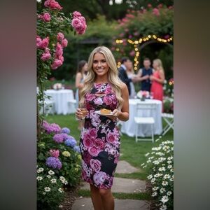 Aqua Black Pink Floral Sheath Dress Size Small